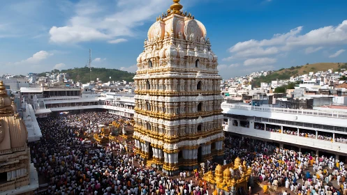 Golden temple tower above a swirling sea of pilgrims.