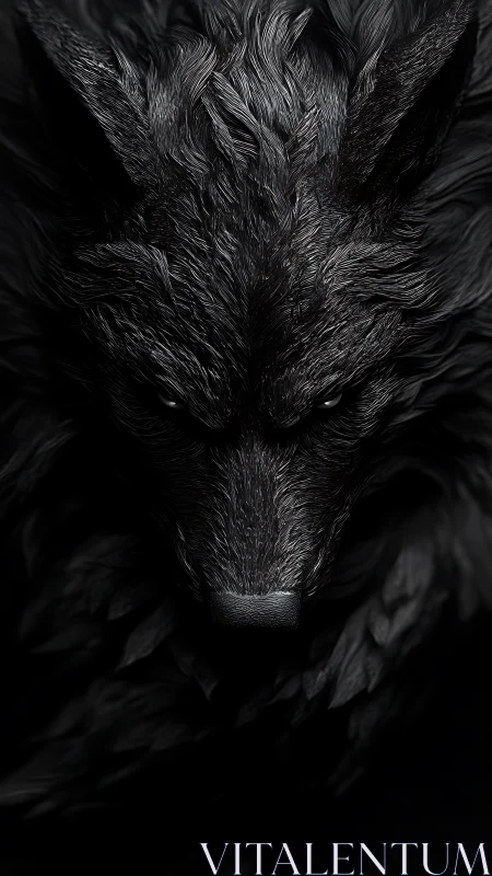 Midnight wolf gazes forward with glossy, shadowed fur