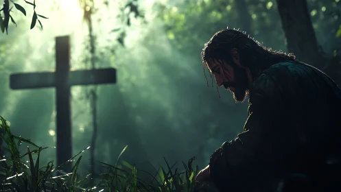 Backlit forest cross and kneeling robed figure in moody haze