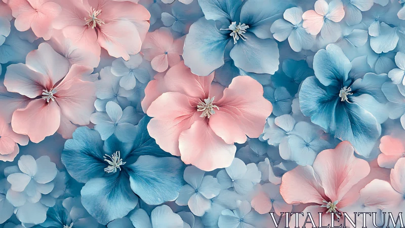 Three-dimensional floral composition with gradient color transitioning between pink and blue tones