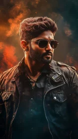 Brooding portrait of man in leather amid ember haze.