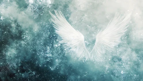 Symmetrical white wings extend within a diffuse, mist-like field