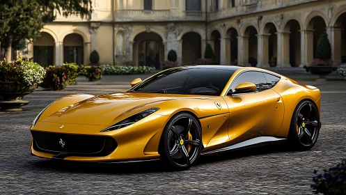 Golden grand tourer coupe in Italian palazzo courtyard at dusk