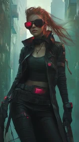 Neon alley sentinel in crimson goggles and stormy leather.