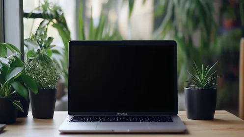Laptop workspace framed by potted green plants on desk.