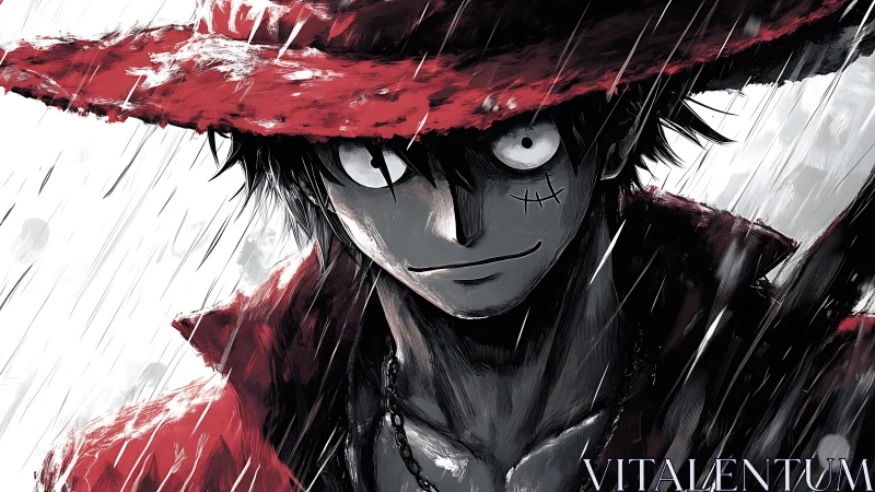 Anime character in red hat stands in heavy stylized rain