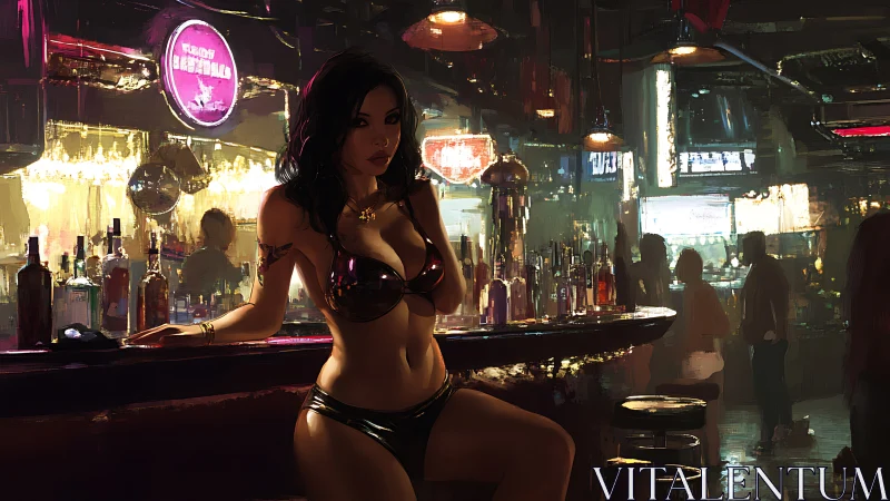 Neon-lit bar interior with stylized woman in latex outfit.