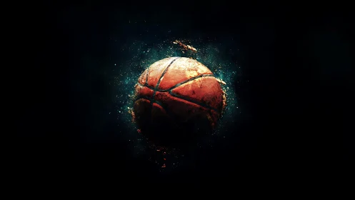 Exploding basketball floats in dark void with glowing debris