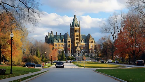 Grand neo-gothic campus building framed by autumn park.