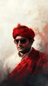 Intense portrait of Indian man in vivid red turban and shawl.