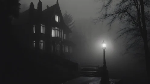 Soft lamplight welcomes visitors to a misty hillside house