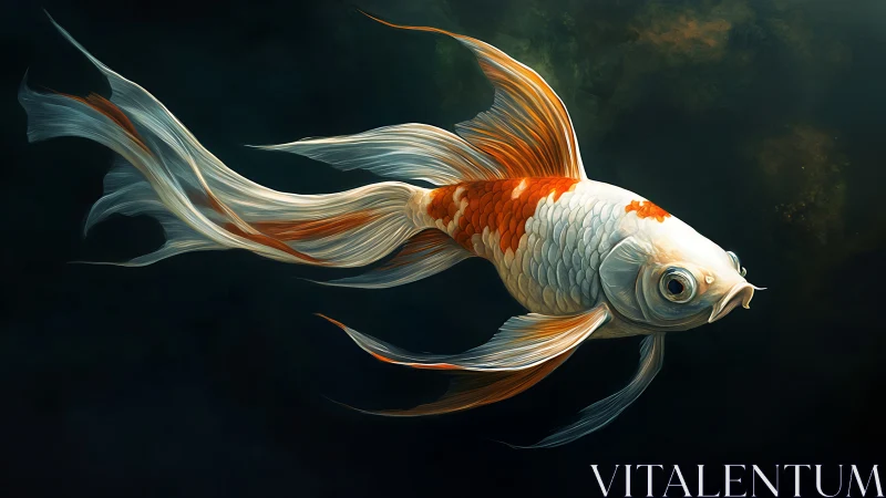 Koi fish glides through dark water with flowing fins