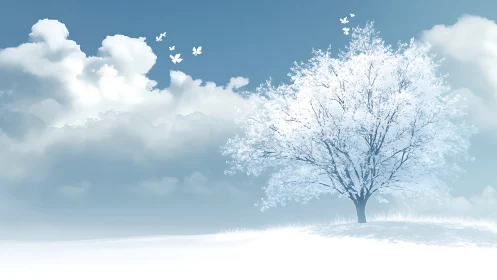 White blossom tree on snowy hill under soft blue sky.