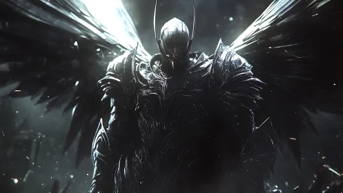 Midnight warborn seraph spreads iron wings in stormlight.