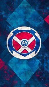 Geometric emblem with distressed blue and red diamond field.