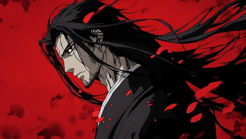 Brooding anime swordsman against blood red storm backdrop.