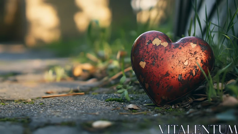 Corroded Heart Symbol on Weathered Pavement.