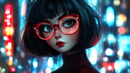 Neon-lit portrait of cyber-optic girl with reflective lenses.
