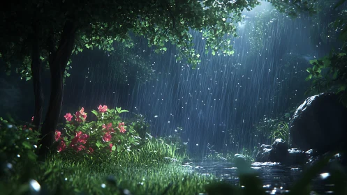 Rainlit forest bloom under whispering silver curtain.