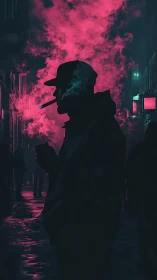 Neon soaked city smoker wrapped in glowing night haze.