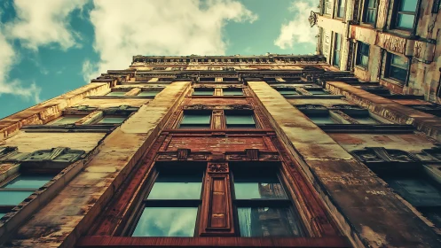Weathered city facade reaching warmly toward bright sky.