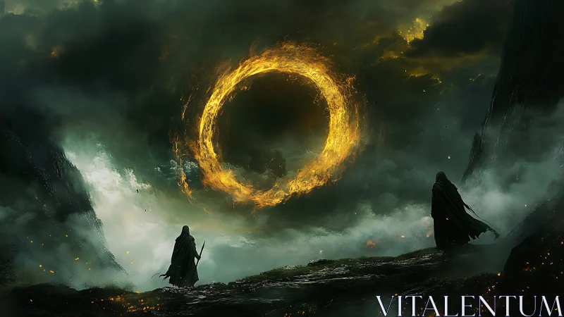 Cloaked wanderers beneath a blazing celestial ember ring.
