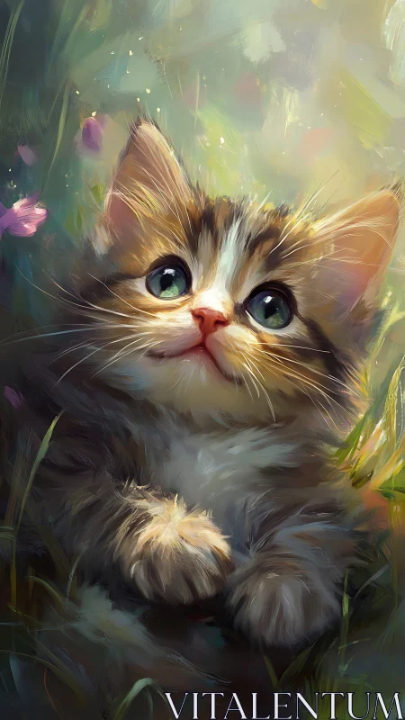 Kitten with Luminous Eyes in Dreamlike Garden Haze