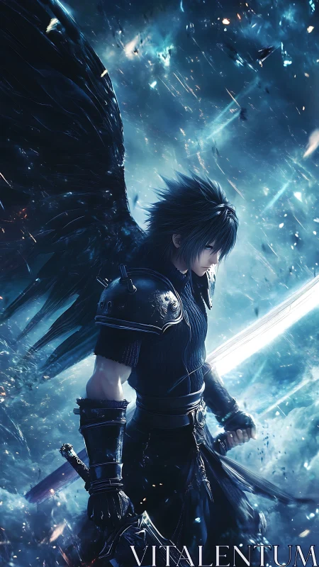 Winged swordsman amid shattered celestial stormlight.