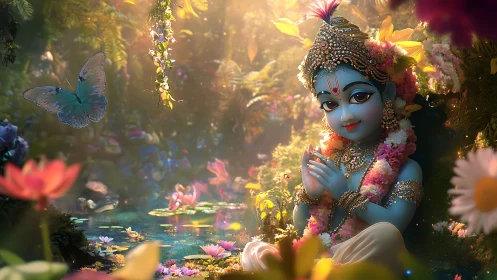 Gentle blue child in a flower bright forest daydream.