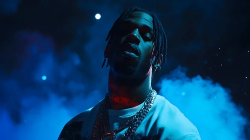 Moody portrait in neon blue haze with dramatic rim light.