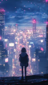 Silhouetted figure observing dense neon cityscape at night.
