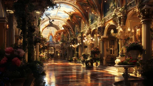 Baroque botanical arcade with gilded vaulted daylight optics.