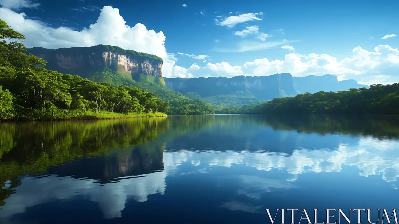 Tepui cliffs mirror over rainforest lake under clear sky.