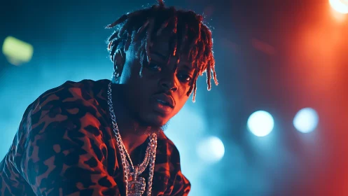 Photorealistic concert portrait with cinematic bicolor lighting.