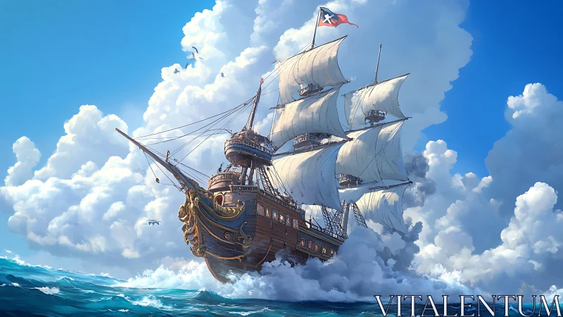 Majestic wooden galleon under full sail in bright seascape.