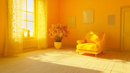 Monochromatic yellow interior with armchair and window.