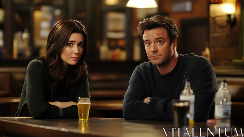 Man and woman sit at bar counter with drinks, warm lighting.