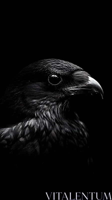 Raven portrait in dramatic low key monochrome lighting.