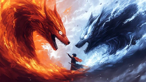 Fiery and icy wolf spirits clash before lone warrior.