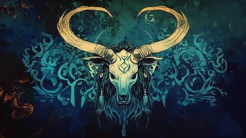 Bull skull with ornate horns centered on teal abstract background