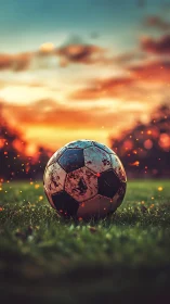 Cinematic football close-up under glowing sunset field light.