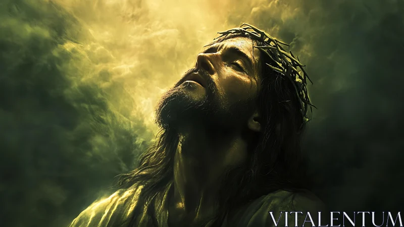 Dramatic digital portrait of crowned figure in radiant clouds