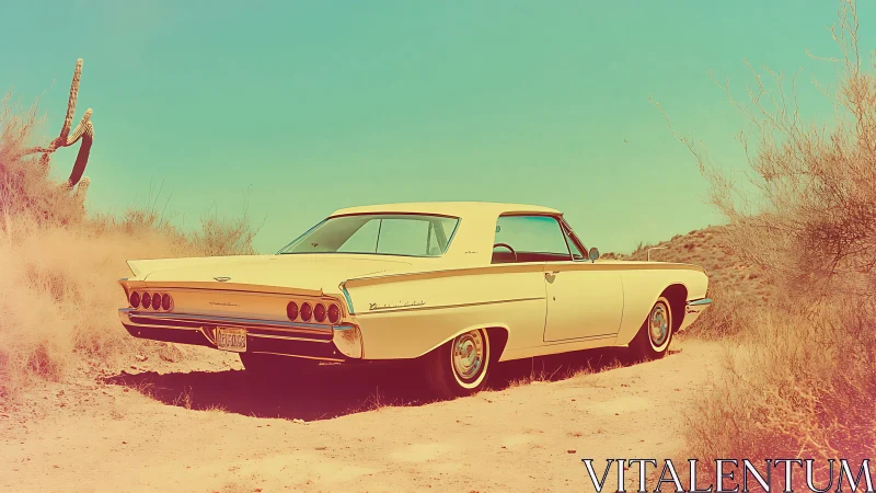 Vintage yellow coupe parked on desert dirt road landscape.