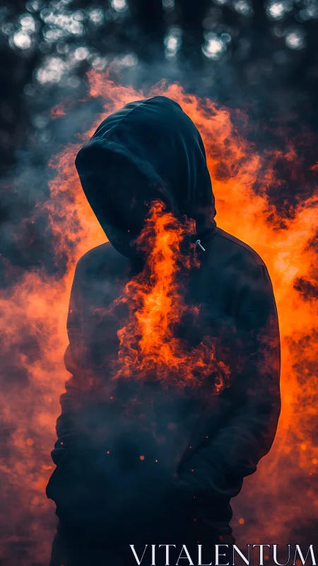 Hooded silhouette shrouded in blazing surreal flames.