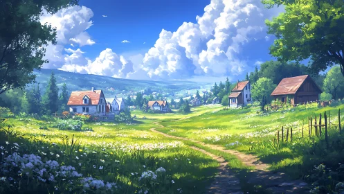 Sunlit countryside cottages under towering summer clouds.