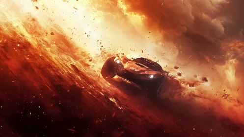 Off-road racing car in fiery dust storm environment.