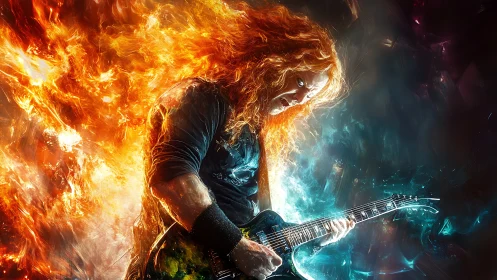 Electric guitarist amid opposing fire and ice fields.