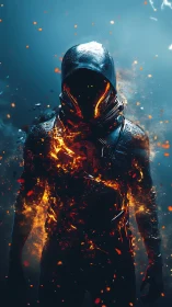 Emberborn hooded warrior ignites within stormlit shadows.