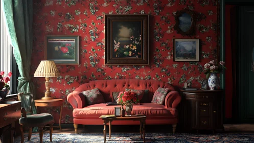Photorealistic Victorian parlor with red floral focal wall.