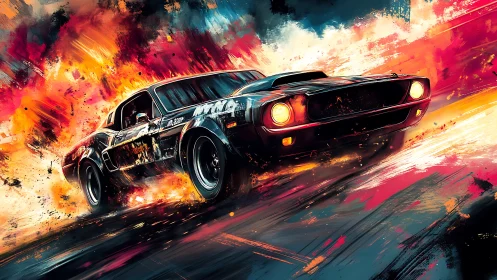 Black muscle car in stylized fiery motion abstract scene.
